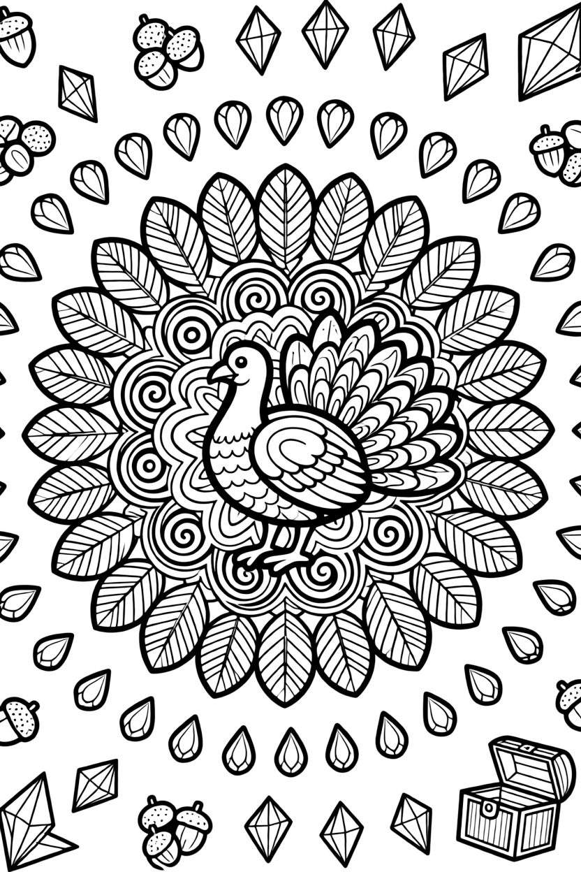 Farm Animals: The design turns a turkey with a fully fanned tail of feathers into a kaleidoscope-style composition anchored by a shell-spiral mandala coiling outward in smooth turns. The imagery is multiplied into a circular burst of matching pieces that rotate evenly around the page's center point. Decorative details fill the surrounding space, including clusters of tiny acorns, rows of teardrop-shaped petals, and angular crystal facets woven throughout the background. A playful extra touch completes the page: a small treasure chest half-hidden along one edge of the design.