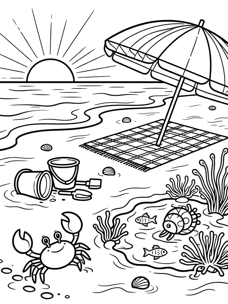[Sandy Beaches] A friendly crab scuttles sideways across the sand, dodging a row of colorful beach buckets. A hermit crab explores a cluster of tide pools filled with tiny fish and colorful anemones. A striped beach umbrella and a woven picnic blanket sit near a row of overturned buckets and shovels. Golden sunset light glows across the sand as the tide slowly rolls in.
