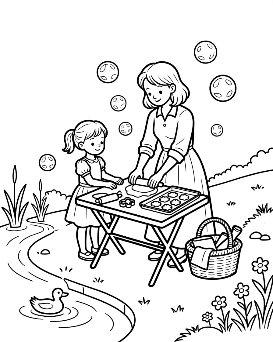 A little sister baking cookies with an aunt along a riverside path as soap bubbles float upward.