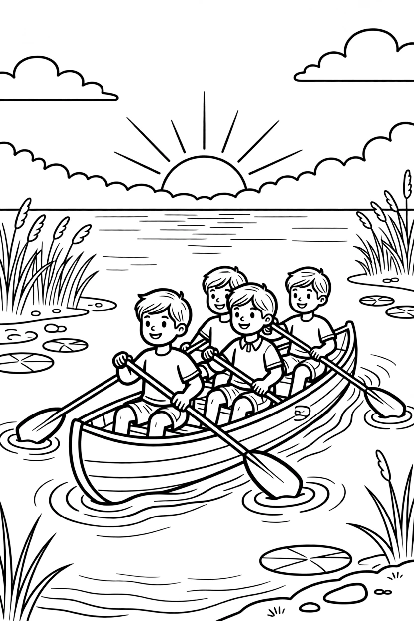 A team of neighborhood kids, gliding quietly across a calm lake at sunrise, paddle dipping in rhythm.