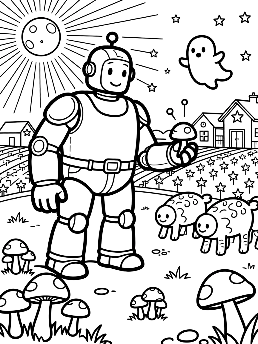 Dyno, a friendly giant robot collecting glowing mushrooms for a moonlit science fair near a peaceful farming colony with fields of star-shaped crops, surrounded by a herd of gentle six-legged alien creatures grazing nearby and a friendly ghost-like hologram guide floating alongside.