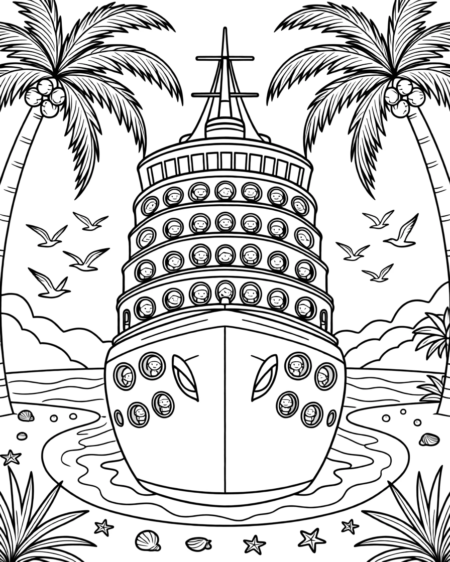 The scene captures a towering cruise ship with rows of porthole windows in the middle of a hidden pirate cove with a sandy beach and palm trees, with a group of cheerful kids waving from the windows nearby and a flock of birds flying alongside in formation sprinkled around for extra fun.