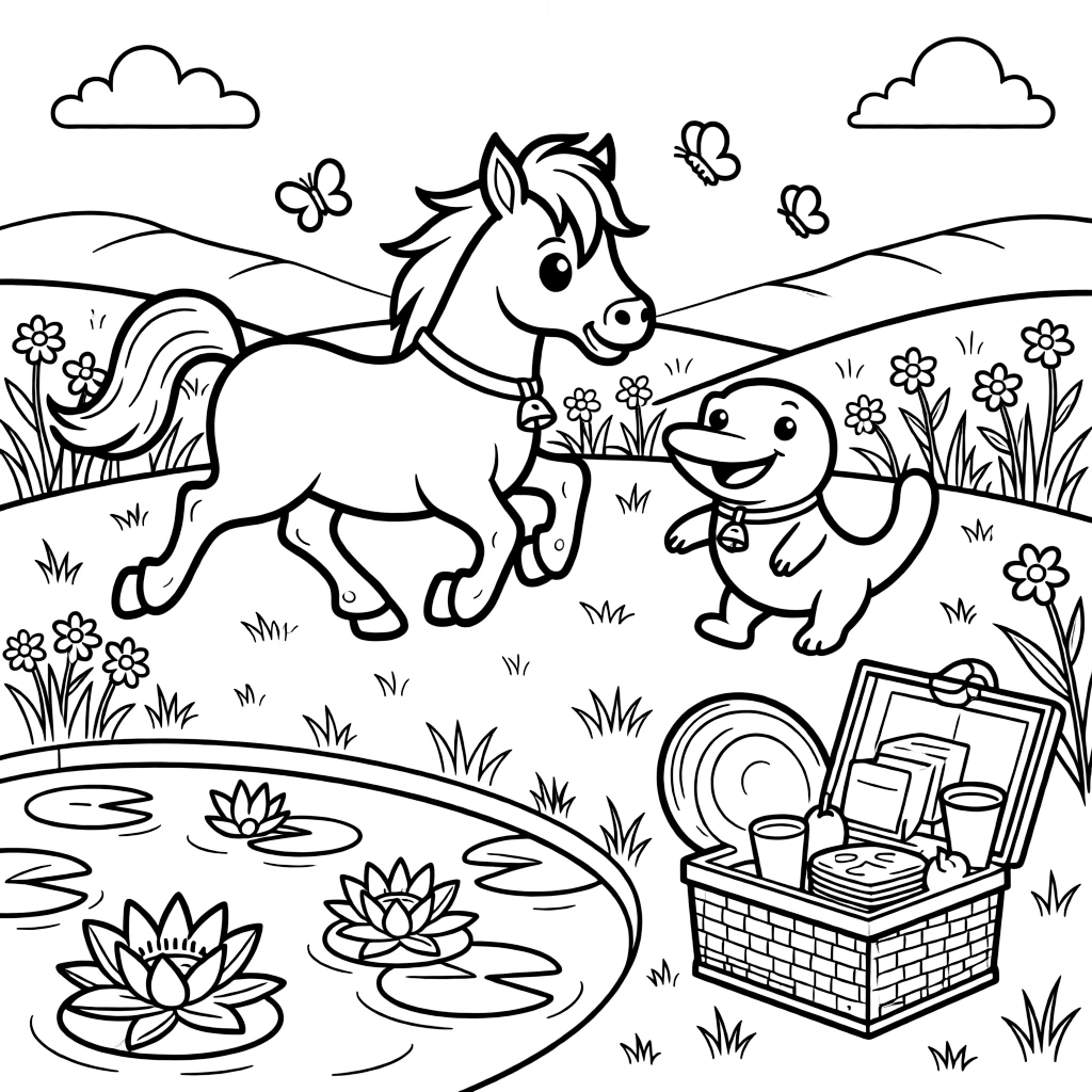 A foal in a sunny meadow, racing playfully alongside a platypus, next to a water lily pond, with a picnic basket full of treats nearby.