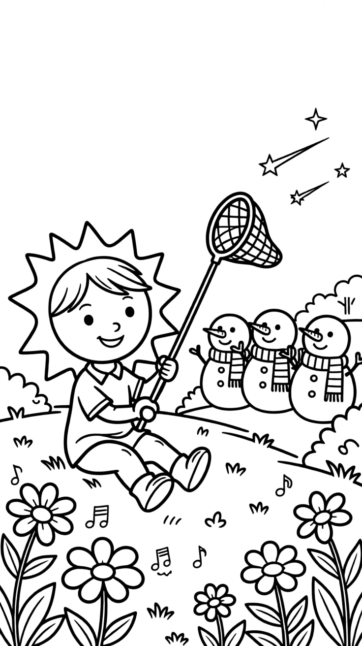 A wobbly summer sun sprite takes a break from adventures to try fishing for shooting stars with a butterfly net in a garden where the flowers hum little tunes, with a group of snowmen wearing matching scarves close behind. Warm smiles and happy cheers fill the scene.