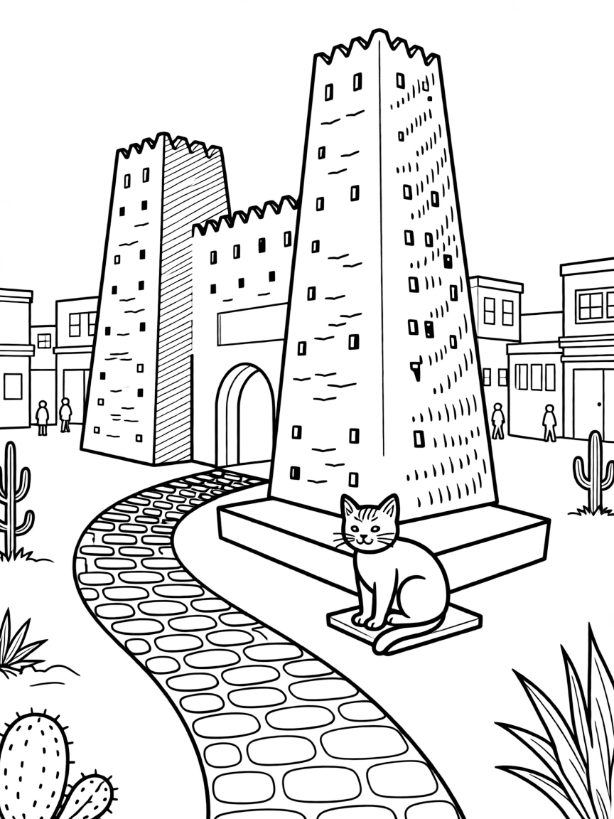 A coloring page from Saudi Arabia showing a mud-brick fort with tall square towers in the desert, surrounded by neighboring buildings, a cobblestone path, and a friendly cat resting on a step.