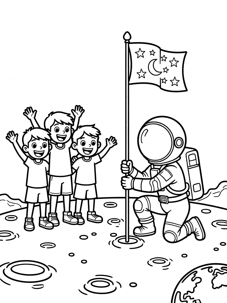 an excited group of three kids waves to an astronaut friend planting a flag on a cratered moon surface.