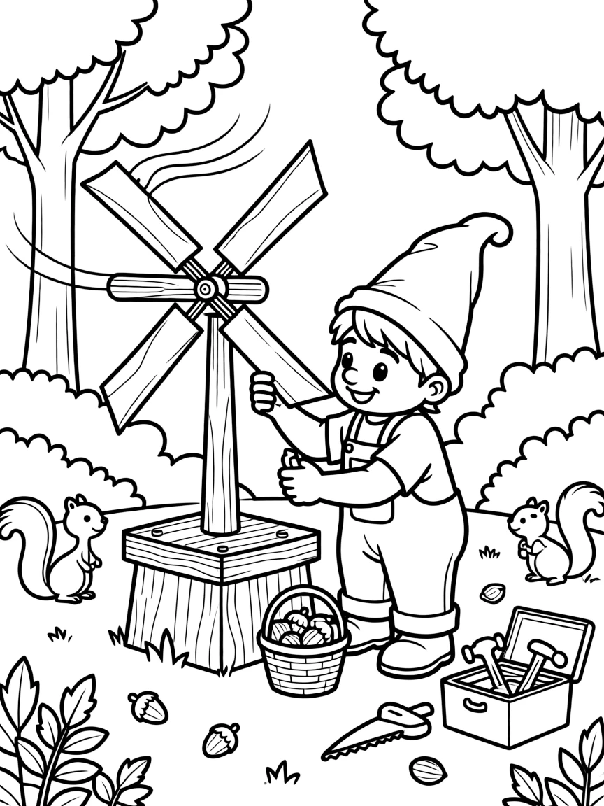 A gnome carpenter builds a tiny windmill that grinds acorns into flour, its blades powered by a gentle forest breeze.