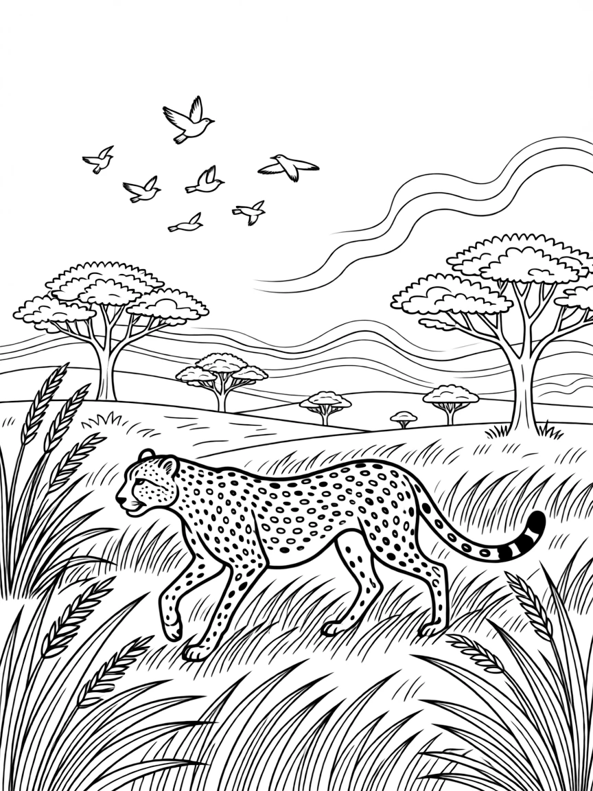 [Wild Animals] a swift cheetah stalking quietly through tall grass among tall grasses under a wide sky. In the background, a flock of birds takes flight nearby, adding extra fun to explore. Acacia trees dot the wide open landscape. It all happens on a foggy morning, with heat waves shimmering in the distance.