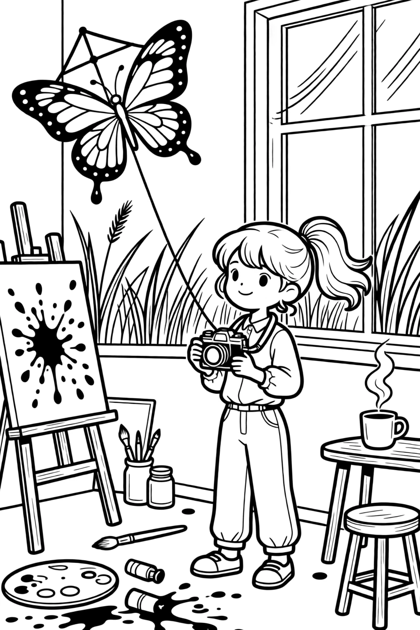 A girl photographer with an old-fashioned camera is flying a colorful kite shaped like a butterfly inside an art studio splattered with paint. a gentle breeze rippling through tall grass and a curling wisp of steam from a warm mug add to the delightful moment.