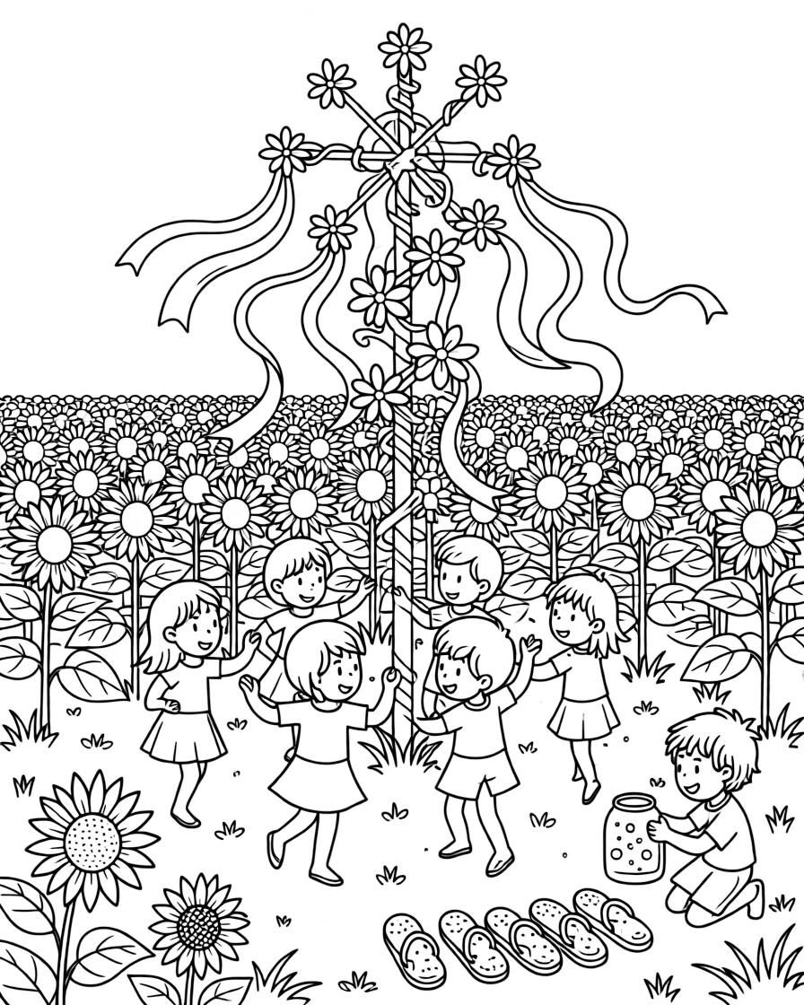 Children dancing around a flower-covered maypole in a sunflower field stretching toward the horizon, alongside a curious little boy and a jar full of fireflies, with a row of colorful flip-flops close by.