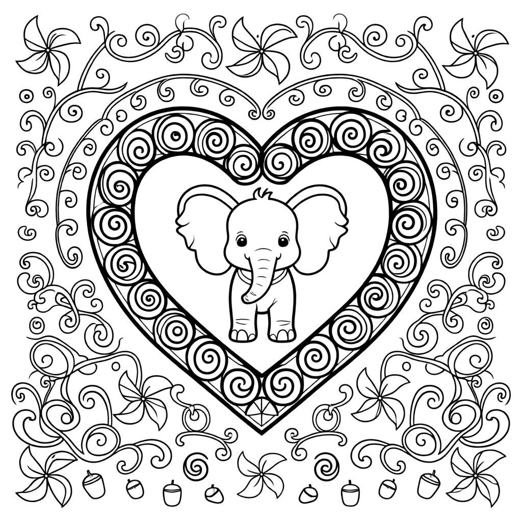 Zoo & Safari Animals: The main subject is a baby elephant with big flapping ears, drawn as the focal point of a heart-shaped mandala framed by soft curling loops. It is set at the core of the page, with the pattern unfolding outward in eight matching symmetrical segments. Decorative details fill the surrounding space, including swirling vine tendrils, rows of curling wave shapes, and pinwheel blades spinning in place woven throughout the background. A playful extra touch completes the page: a handful of tiny acorns scattered near the bottom edge.