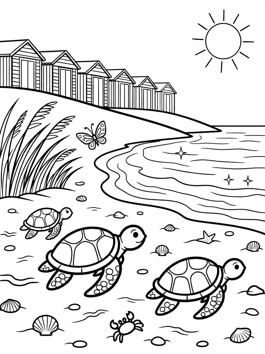 [Sandy Beaches] A family of sea turtles makes its way across the sand toward the sparkling ocean. Butterflies drift over beach grass growing along the edge of the dunes. A row of colorful beach huts lines the top of the dune, overlooking the sparkling sea. A warm breeze carries the scent of salt water beneath a bright midday sun.