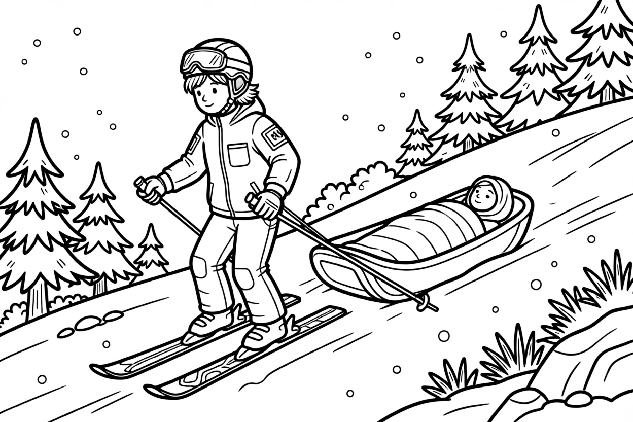 A ski patrol officer pulls a rescue sled down a snowy mountain slope.