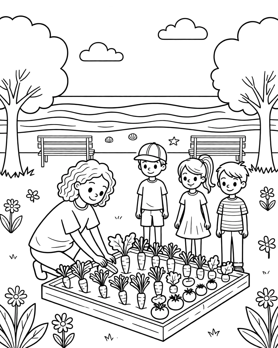 A curly-haired girl tending a vegetable garden with three friends at the local park as waves gently lap the shore.