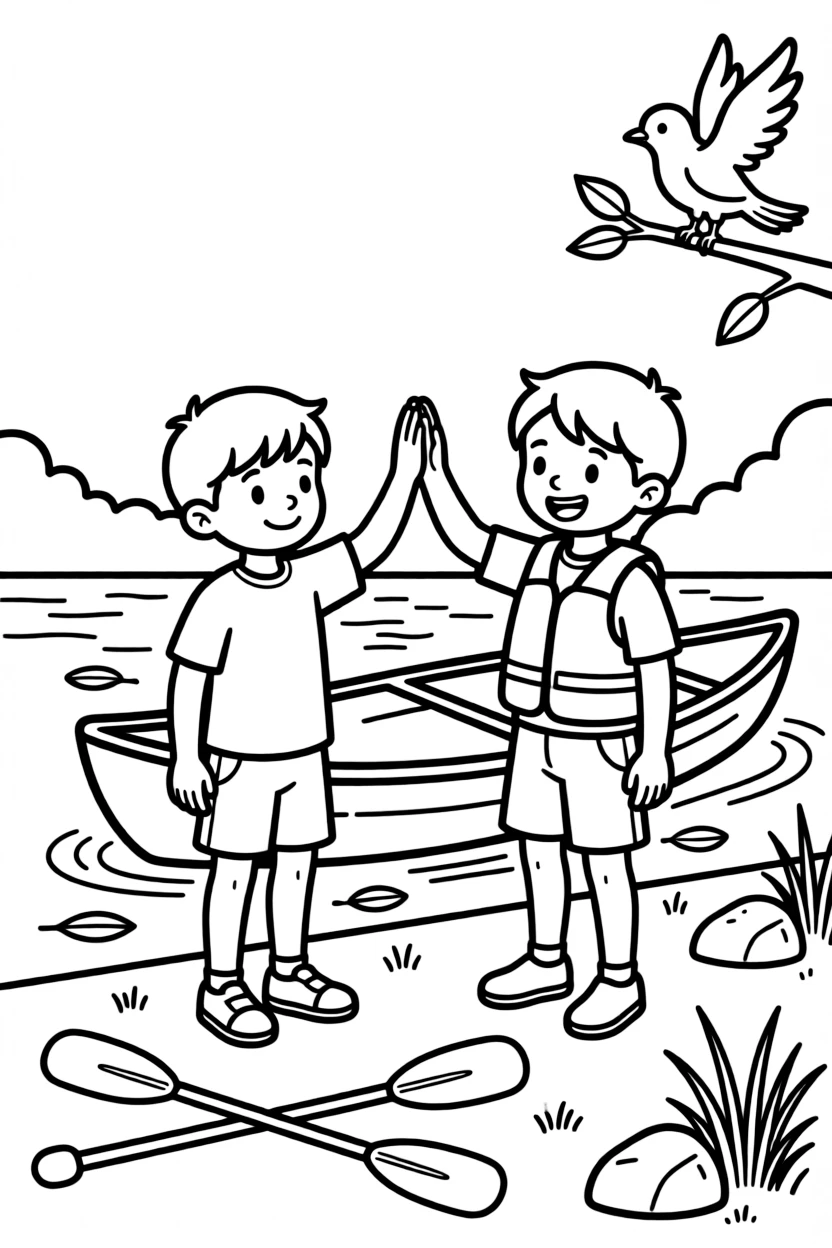 A shy new student, high-fiving a paddling partner after finishing a fun river race.