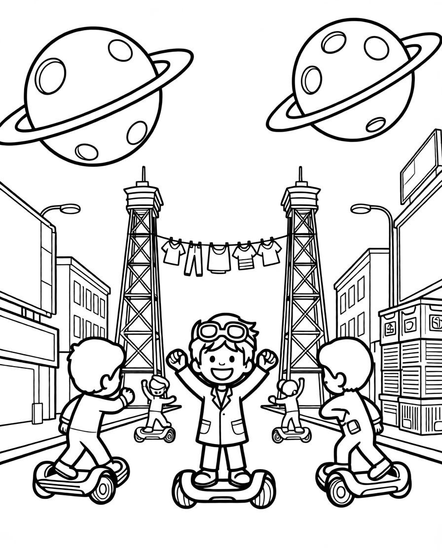Inventor kid Meteor testing a gravity-flip gadget cheering on friends at a hover-scooter race through the city streets in a floating amusement park with rides shaped like planets, as a line of laundry fluttering between two towers and a stack of colorful supply crates fill the scene.