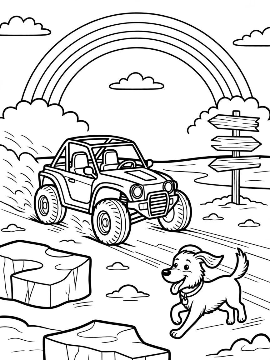 In this scene, a dune buggy kicking up trails of sand is the star of an icy arctic field with drifting chunks of blue-white ice, joined by a friendly dog with its ears flapping in the wind, with an old wooden signpost pointing to faraway towns and a rainbow arching across the sky scattered throughout for kids to color.