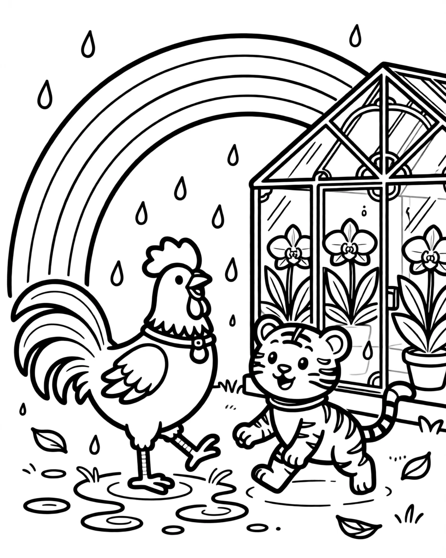 A rooster under a rainbow after the rain, dancing in the rain with a tiger cub, next to a orchid greenhouse.
