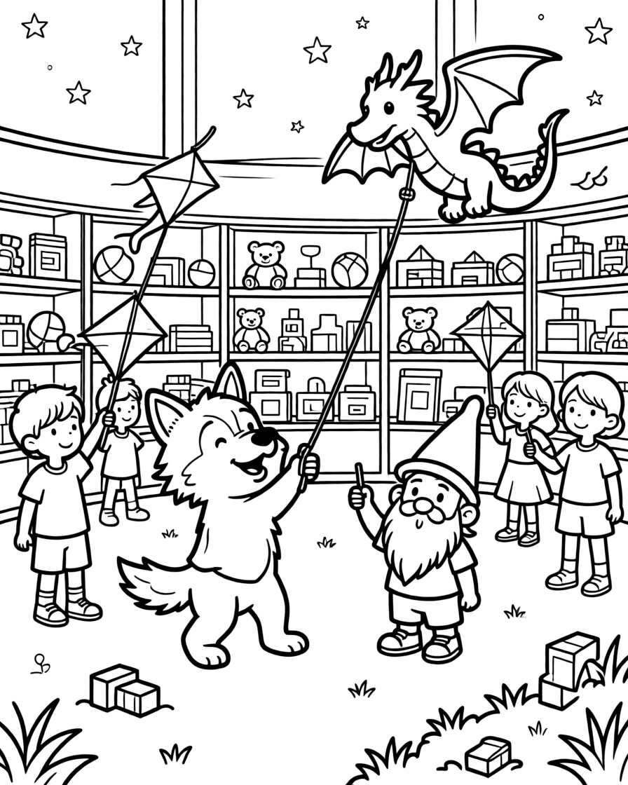 In a toy store after the lights go out, a huggable wolf pup musician discovers the joy of flying kites shaped like friendly dragons, while a garden gnome tipping his pointy hat watches happily nearby. The whole neighborhood has come out to join the fun.