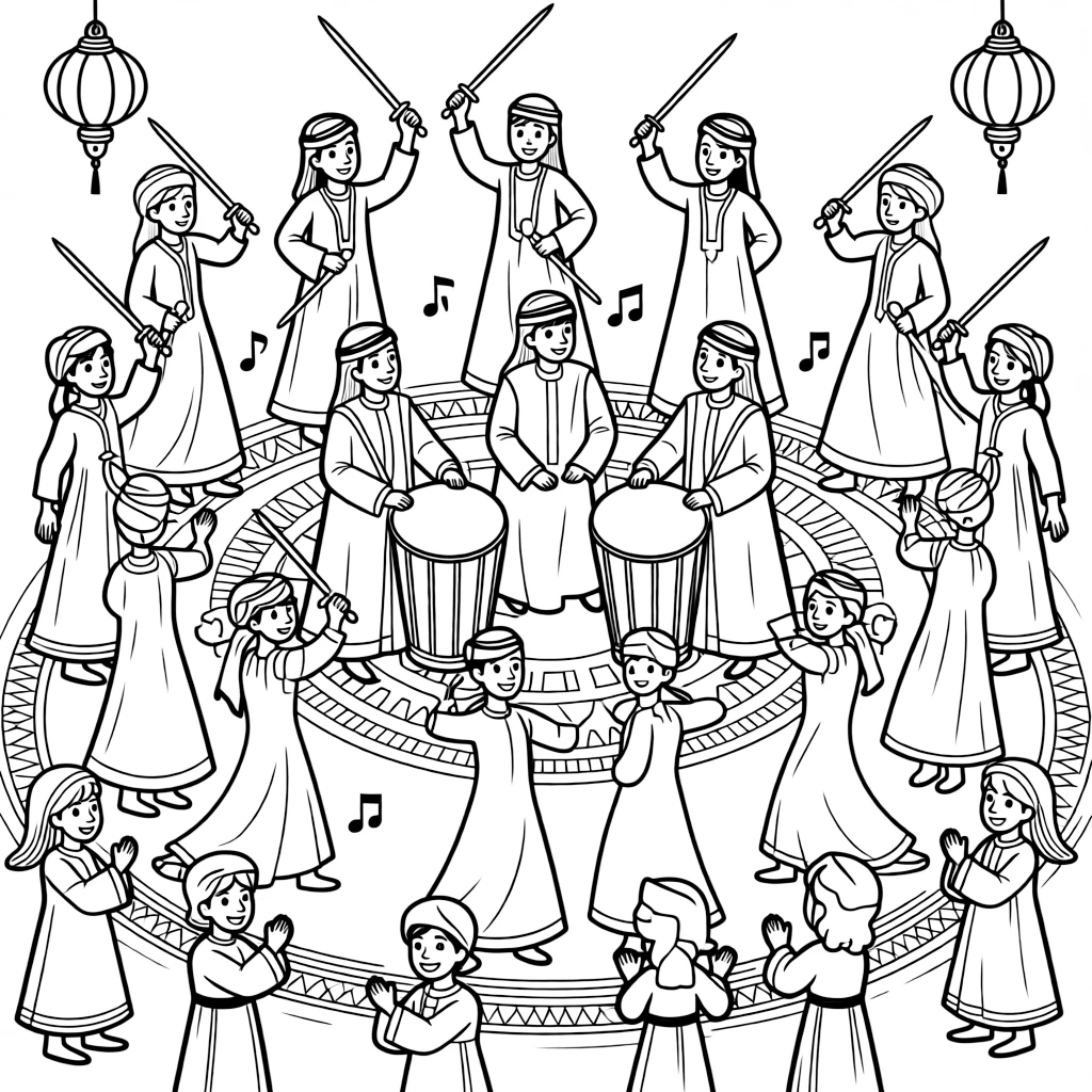 A coloring page bursting with rhythm from Saudi Arabia, showing drummers performing the ardah sword dance in a circle, with an audience of clapping children gathered around in a circle.