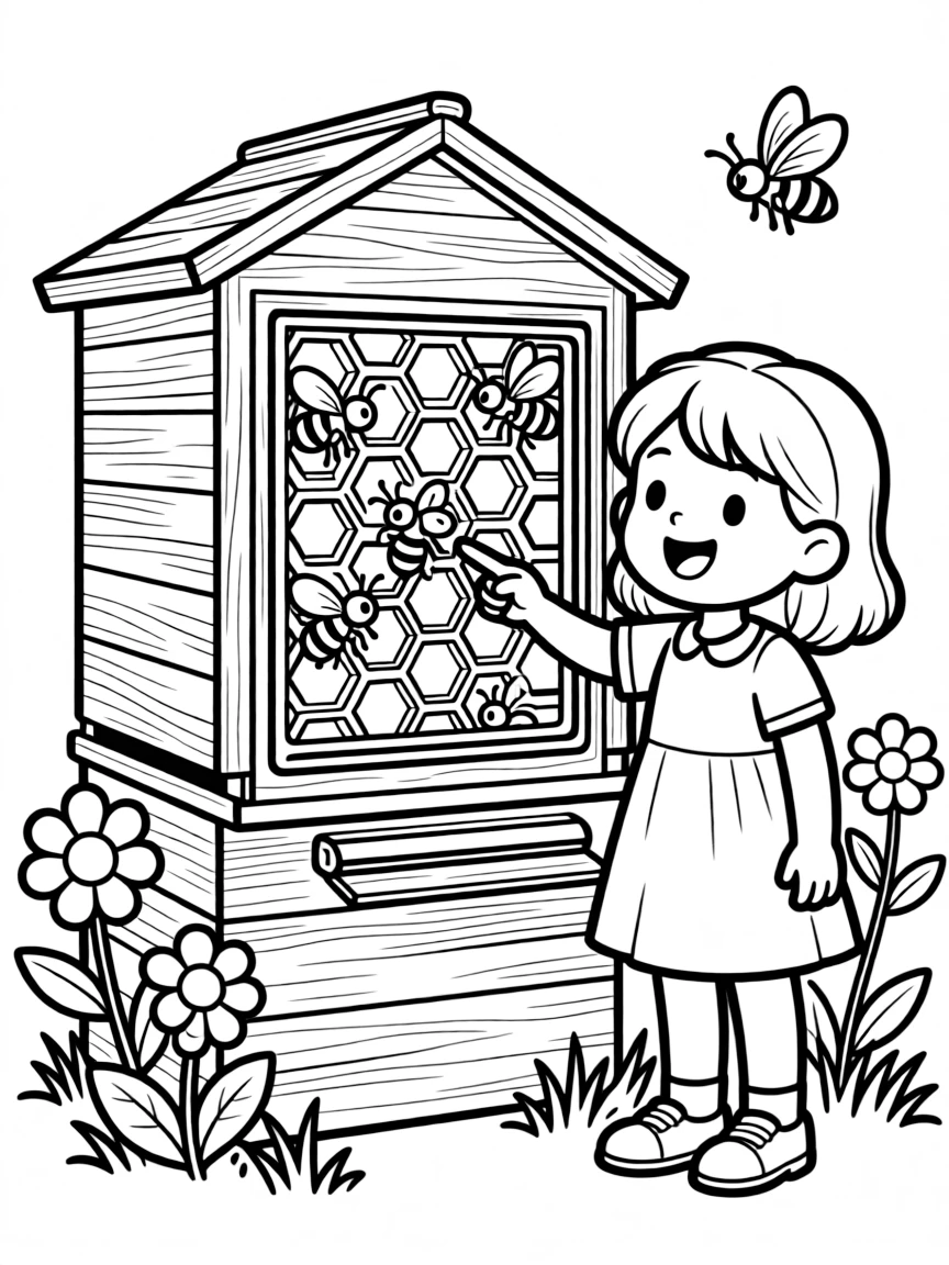 a proud little girl observes a beehive through a glass panel, pointing at the busy worker bees.