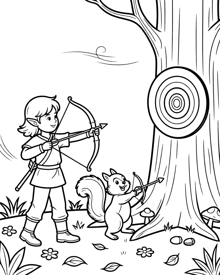 A young elf archer competes in a friendly contest against a squirrel, both aiming acorns at a target on a tree trunk.