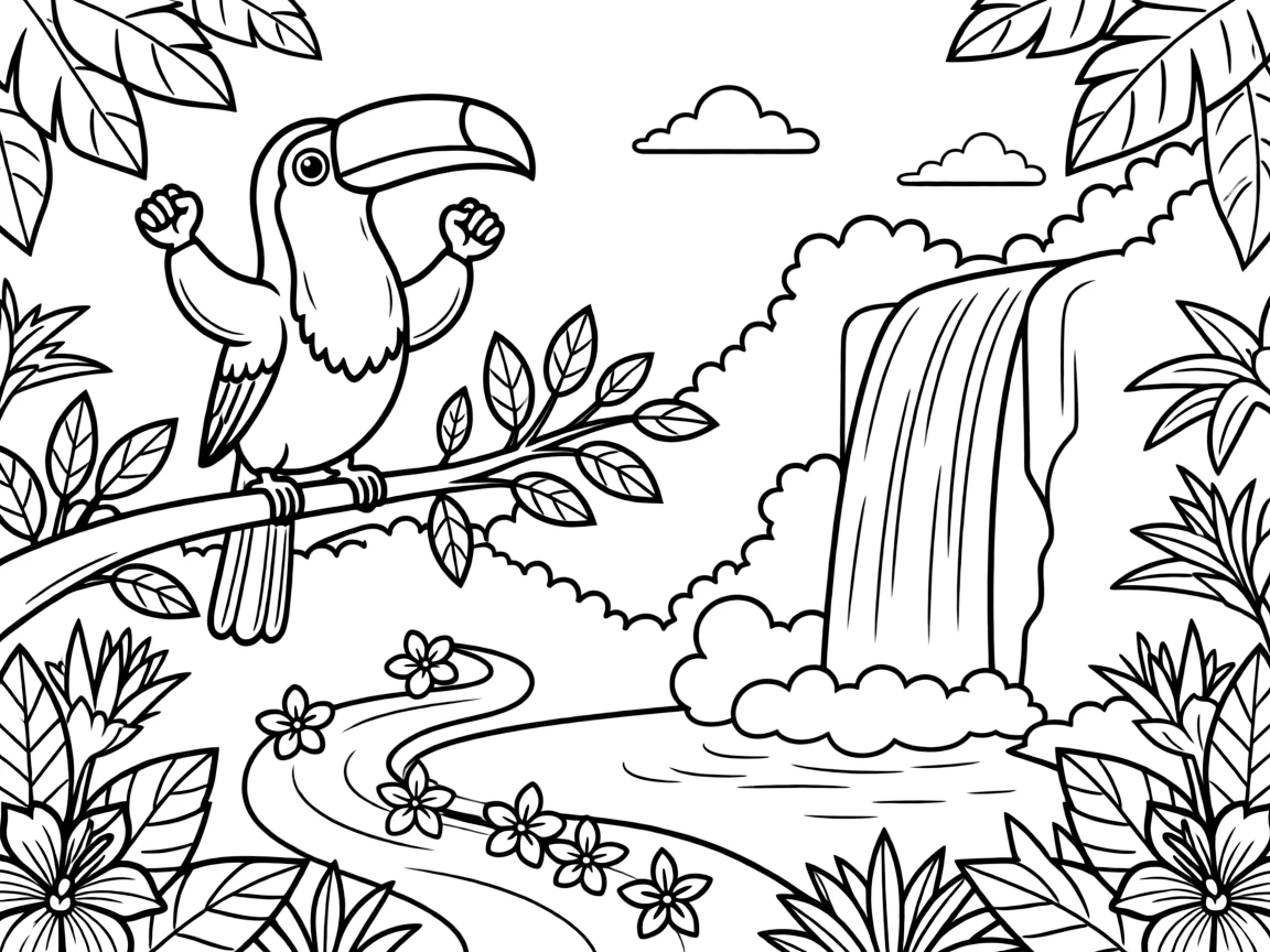 [Jungles] a colorful toucan perching on a leafy branch beside a jungle waterfall, cheering with both fists raised, while colorful flowers bloom along the path fills the surrounding area. Mist rises gently near the waterfall. Set at high noon, under clear blue skies, the page bursts with adventure and imagination.