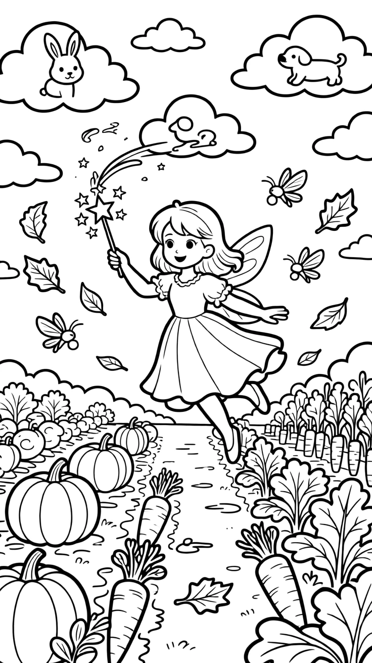 A fairy godmother girl waving a sparkling wand is chasing fireflies just as the sky turns purple in a vegetable garden at harvest time. All around, fluffy clouds shaped like little animals and swirling autumn leaves in every color add a sprinkle of wonder to the moment.