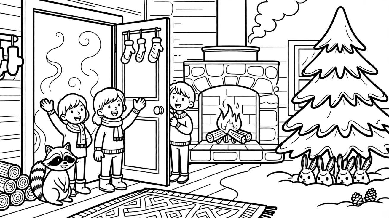 A wide view in a cozy cabin with a crackling fireplace, featuring a family calling out for good fortune at the door, a round raccoon, and a snow-covered pine tree, with a family of snow-covered rabbits nearby.