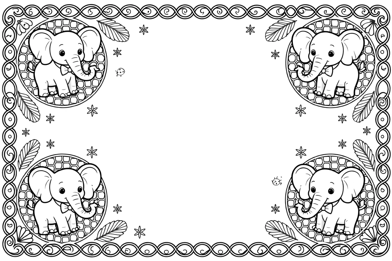 Zoo & Safari Animals: The page centers on a repeating motif of a baby elephant with big flapping ears, built around a honeycomb mandala tiled from small hexagon cells. The motif is placed at each of the four corners in matching pairs, connected by a looping border pattern around the edge. Decorative details fill the surrounding space, including tightly coiled spiral shells, fan-shaped feather clusters, and tiny pinwheel stars woven throughout the background. A playful extra touch completes the page: a tiny ladybug tucked among the details, easy to spot once found.