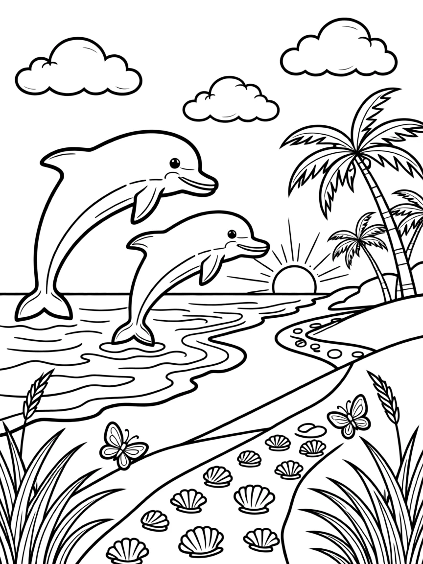 [Sandy Beaches] Two dolphins leap playfully through the waves just beyond the shoreline. Butterflies drift over beach grass growing along the edge of the dunes. Palm trees lean over the dunes near a winding path of scattered seashells. The sun sparkles across the gentle waves beneath a sky dotted with fluffy clouds.