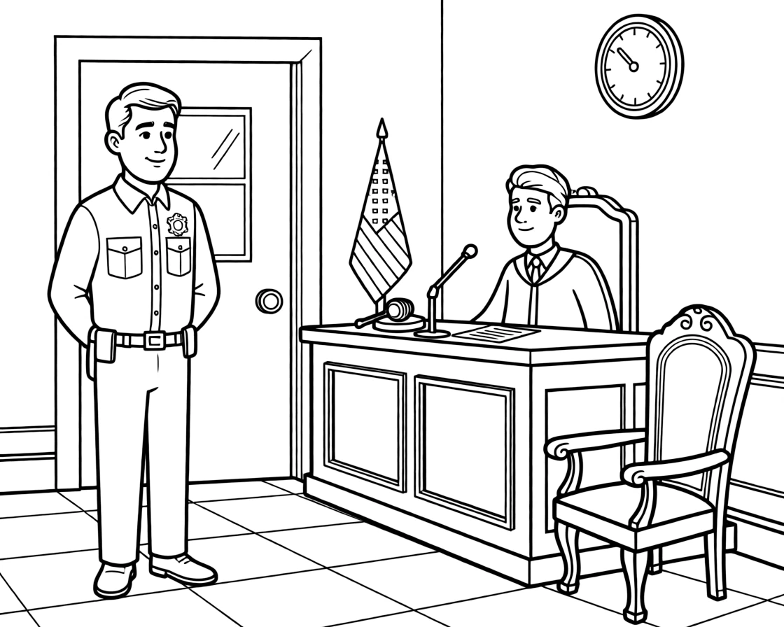 A courtroom bailiff stands guard beside the judge's bench during a trial.