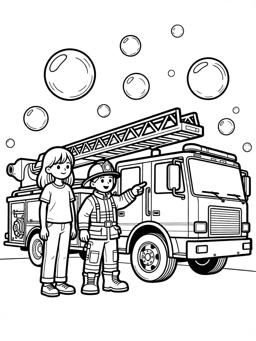 A tall girl getting a tour of a fire truck from a firefighter as soap bubbles float upward.