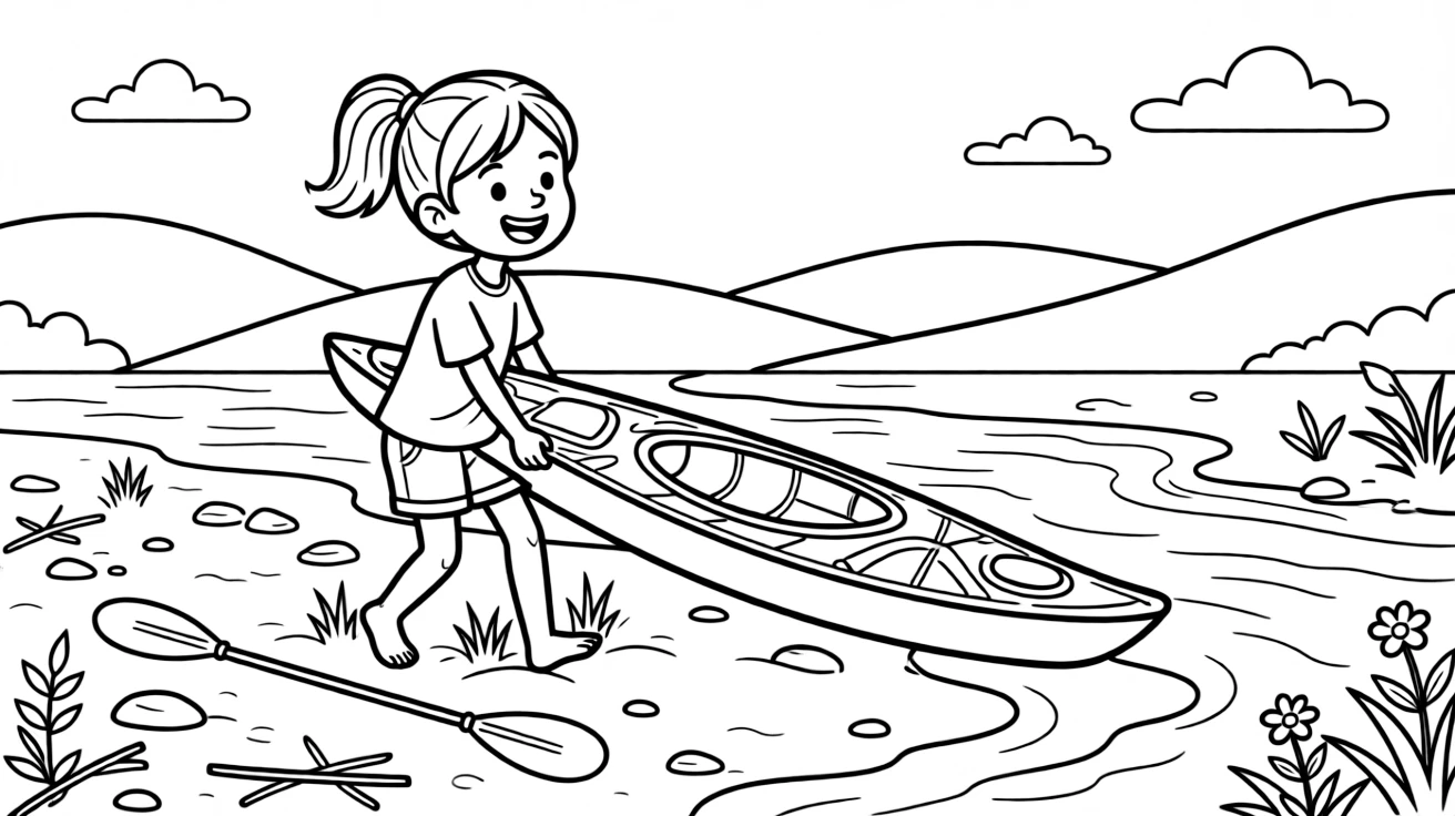 An energetic girl with a big smile, loading a kayak onto a sandy riverbank after a day on the water.