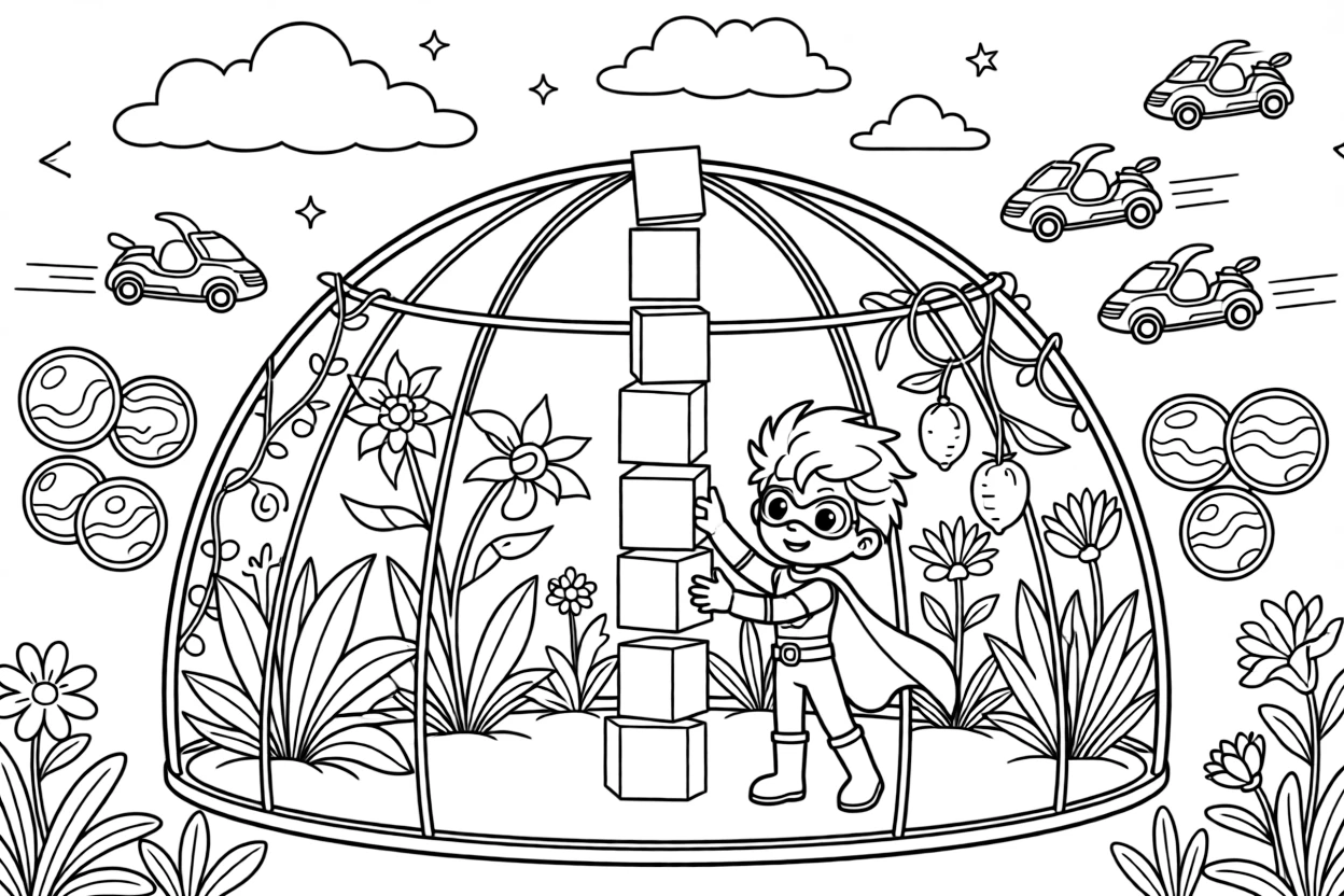 Guardian Flux, a clever spring-legged superhero kid stacking glowing blocks to build a tower reaching the clouds, in a greenhouse dome growing plants from a dozen different planets, with a fleet of hover-scooters zipping past in the background and a cluster of soap-bubble-like energy shields nearby.