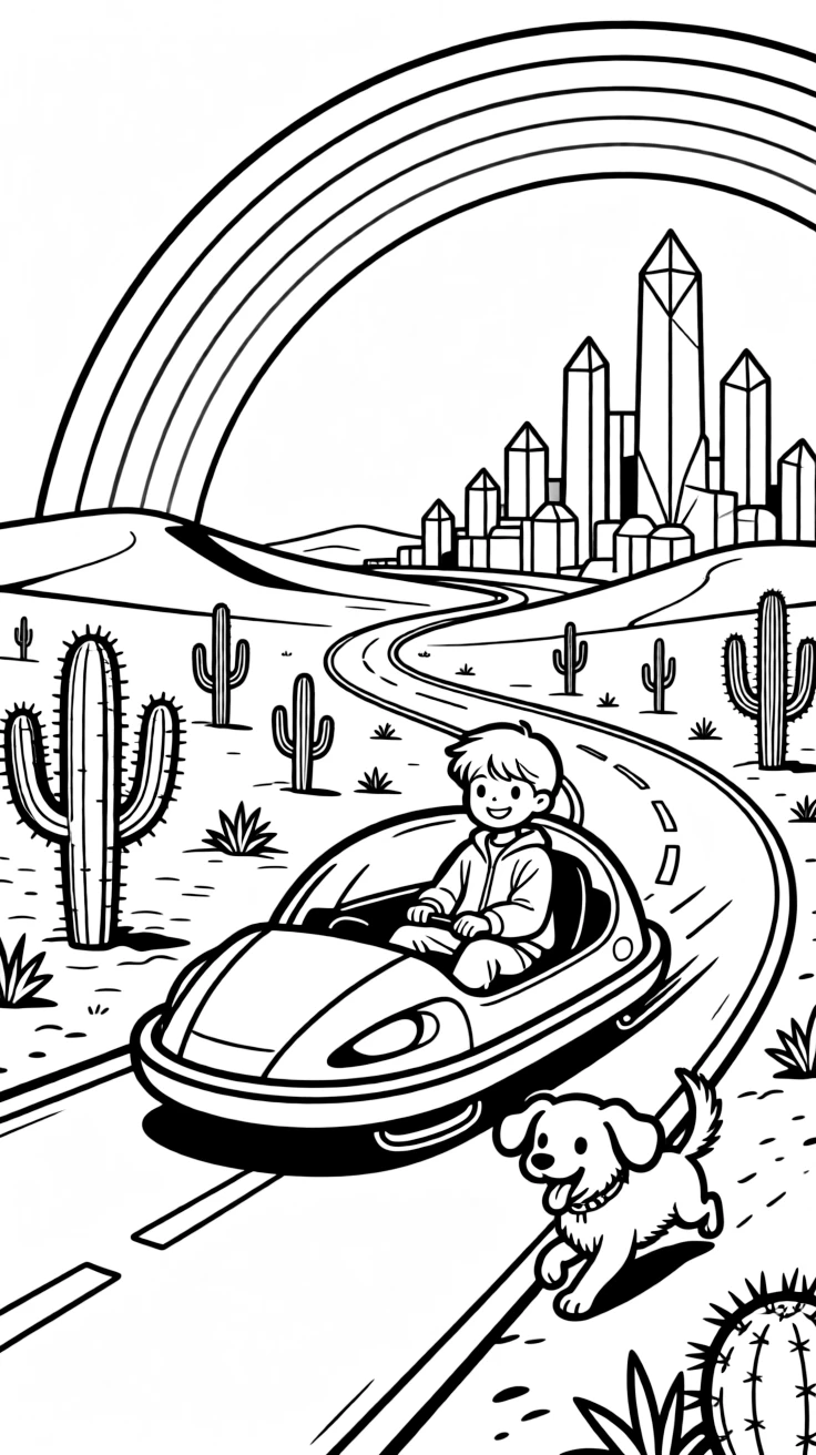 This coloring page shows a magnetic hover-sled zipping across a crystal city making its way across a golden desert dotted with cacti and distant sand dunes, accompanied by an excited puppy chasing along the road, while a rainbow arching across the sky adds extra charm to the scene.