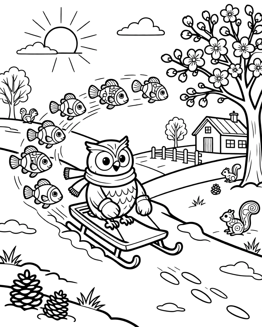A wise old owl sledding down a snowy hill with a school of clownfish on a farm at sunrise, near a blooming cherry blossom tree, as the sun sets in soft colors.