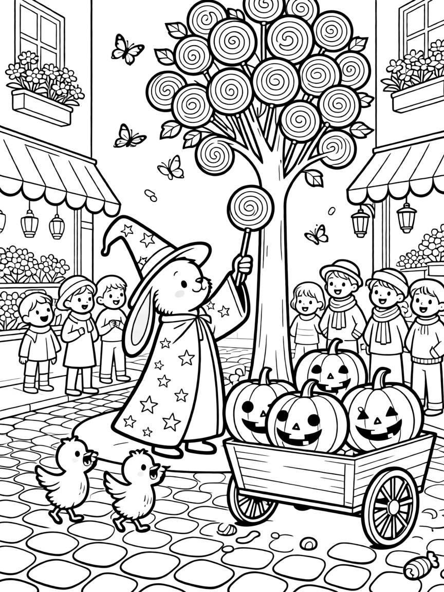 On a cobblestone street lined with flower shops, a sleepy rabbit magician is busy picking apples from a tree that grows lollipops, cheered on by a trio of giggling baby chicks and a wagon overflowing with glowing pumpkins. The whole neighborhood has come out to join the fun.