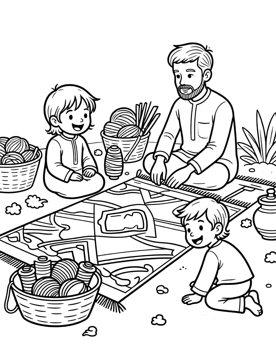 A coloring page of a child in Saudi Arabia enjoying a craftsman weaving a patterned rug from camel wool, surrounded by colorful supplies and a curious sibling watching closely.
