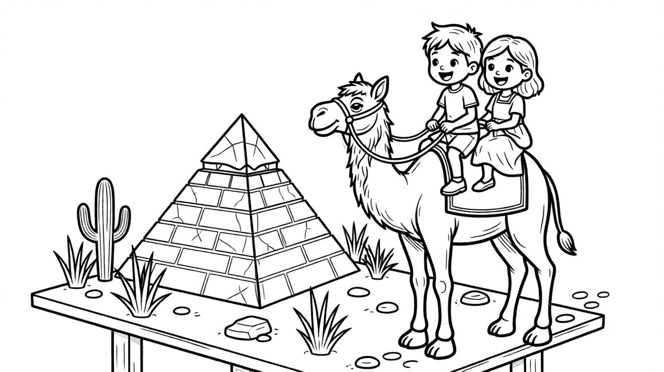a curious pair of best friends rides a camel past a paper-mache pyramid on a desert diorama table.