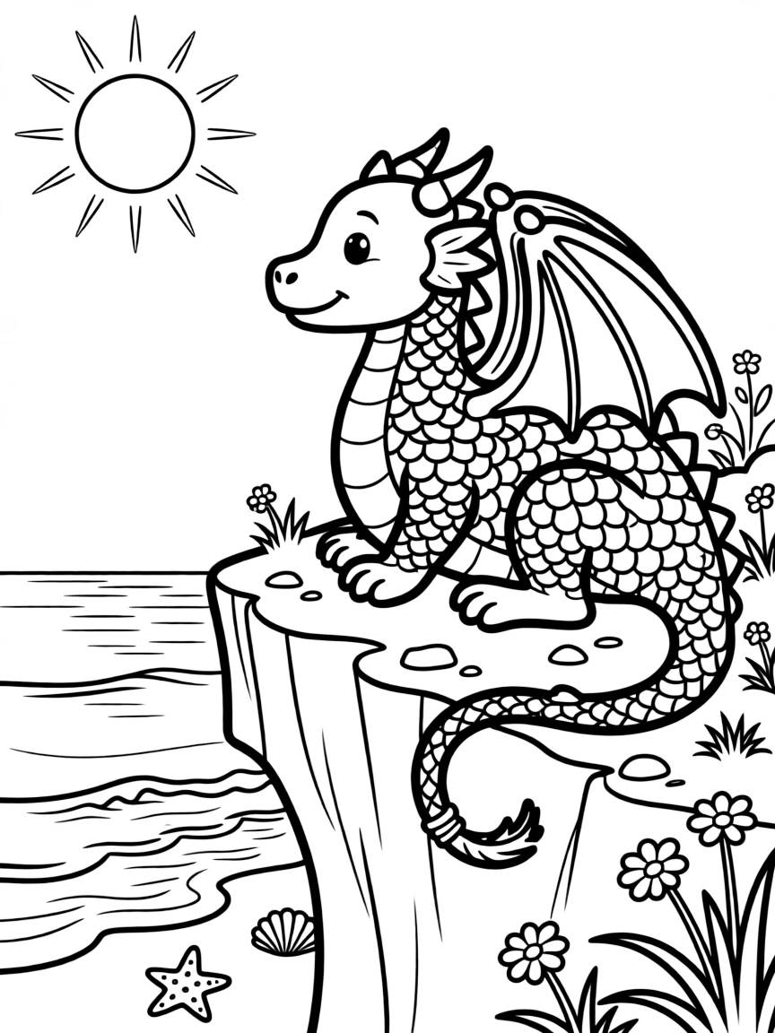 A dragon's scales shimmer with every color of the rainbow as it basks lazily atop a sunlit cliff overlooking the sea.