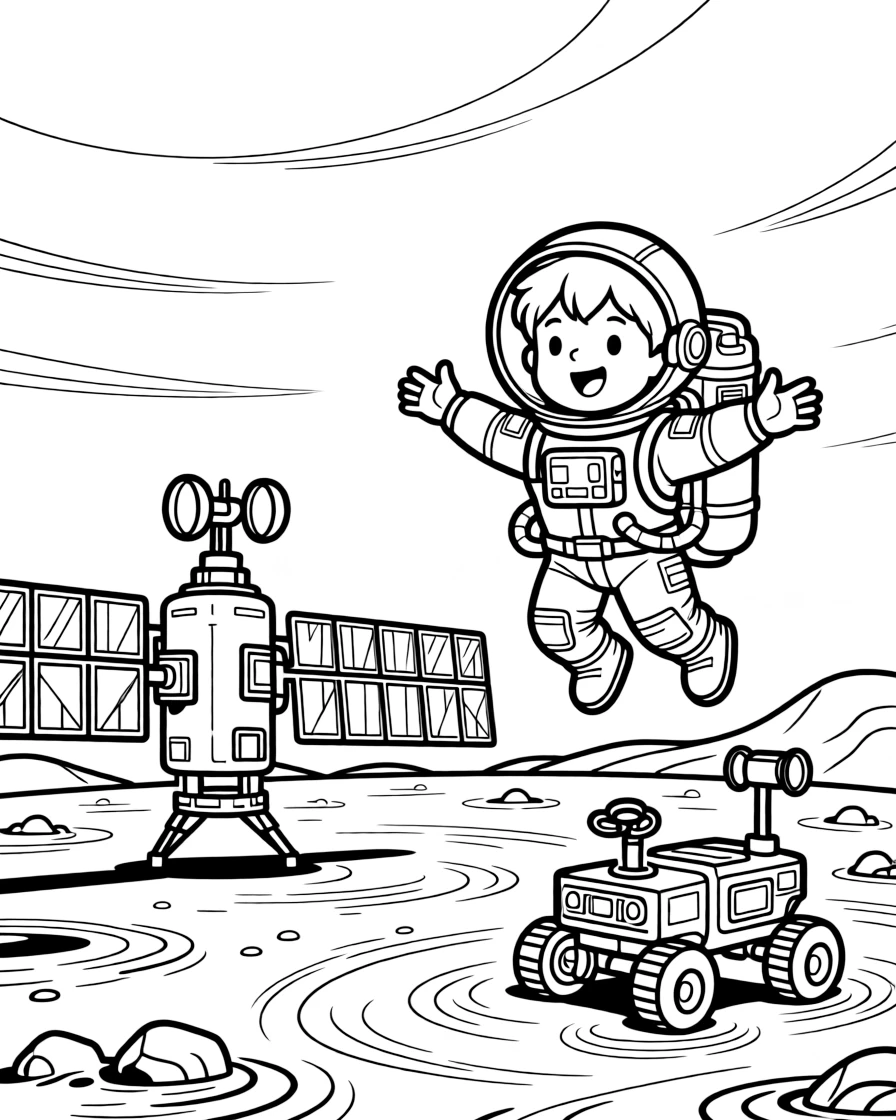[Astronauts] a young astronaut explorer floating weightlessly near a space station on a red dusty planet, laughing joyfully. Nearby, a rover vehicle sits parked nearby. A backpack of oxygen tanks rests on the suit. The scene is captured in the late afternoon, under clear blue skies, giving the page a lively and adventurous feel that invites plenty of colorful detail.