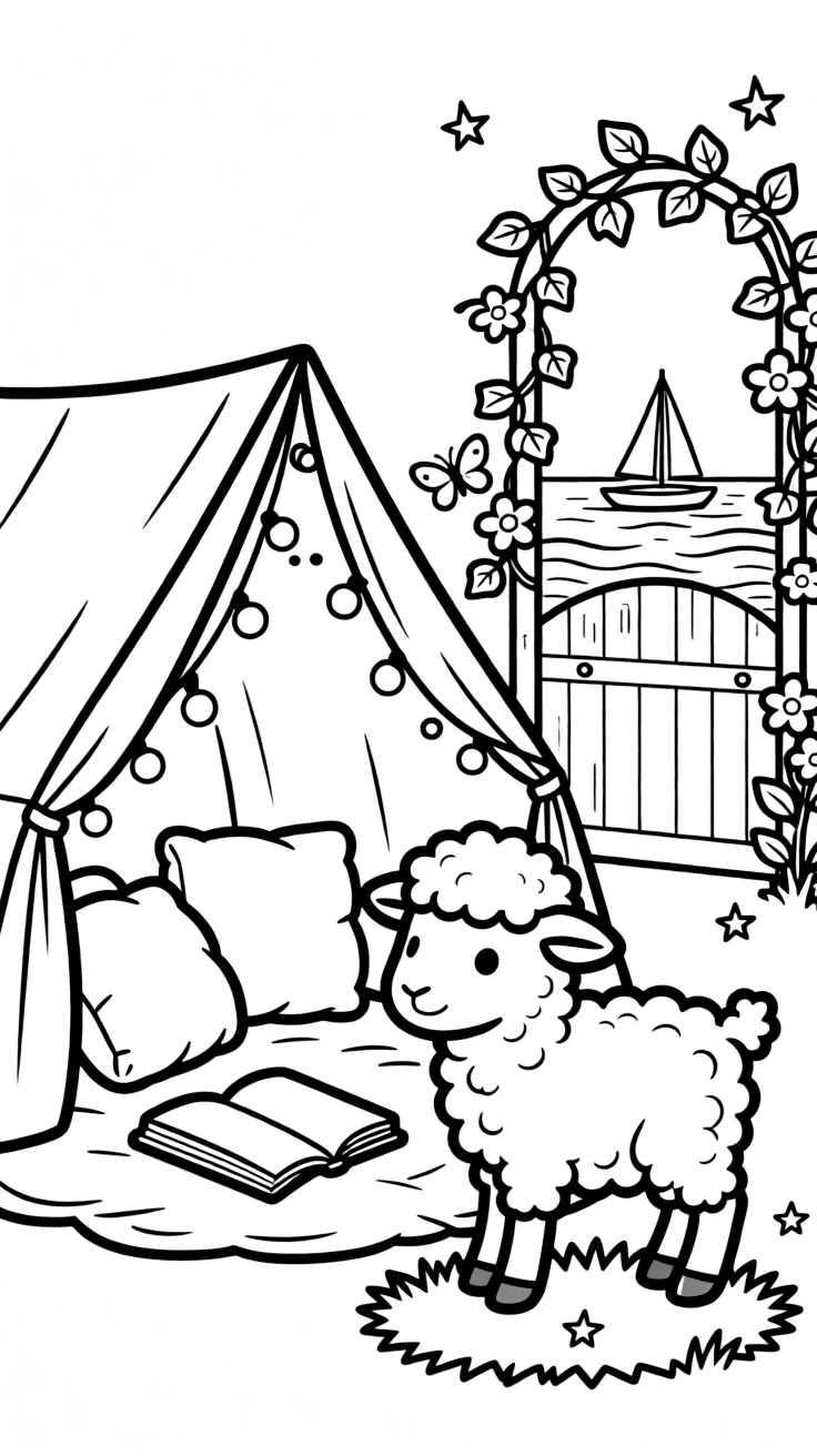 A woolly little lamb is building a blanket fort strung with fairy lights inside a blanket fort glowing with fairy lights. Just beyond, a garden gate covered in climbing ivy and little sailboats bobbing on the horizon make the setting feel extra special.