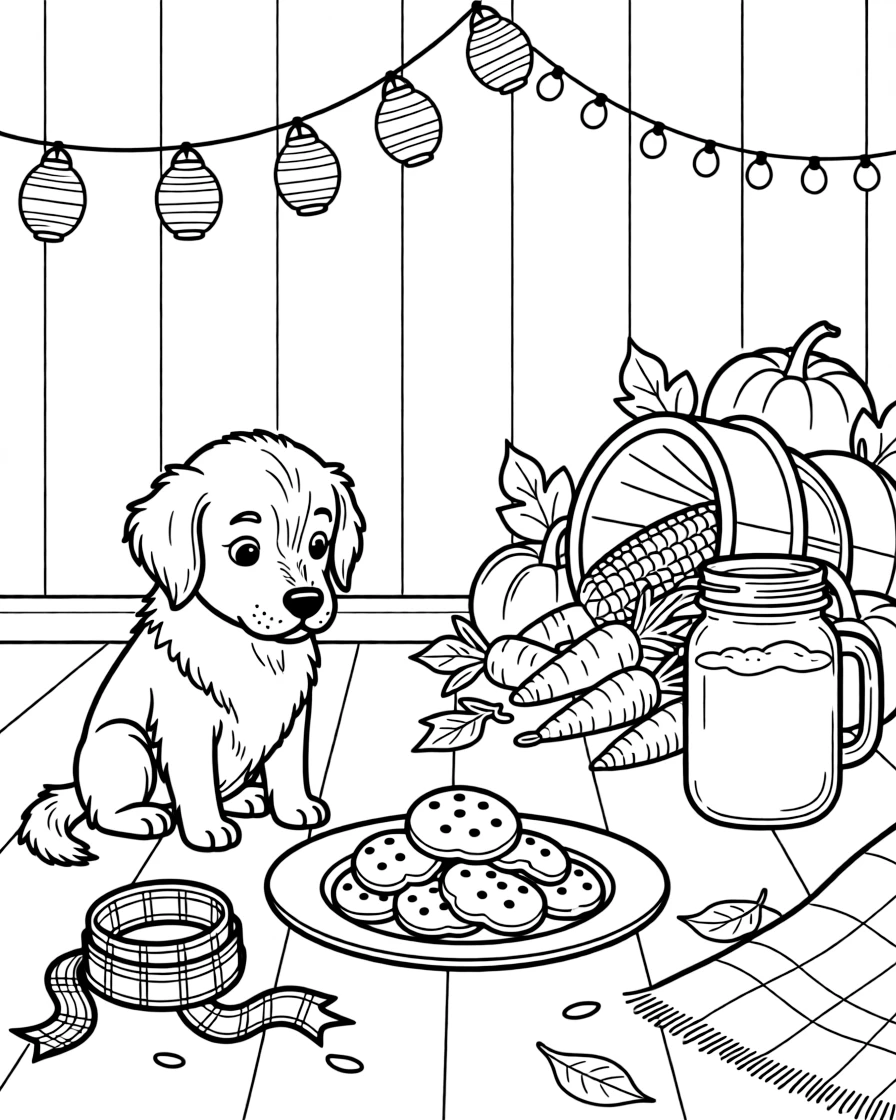 A fluffy puppy admiring a plate of shortbread beside a tartan ribbon in a barn decorated with string lights and paper lanterns, near a cornucopia spilling over with vegetables and a mason jar of cider.