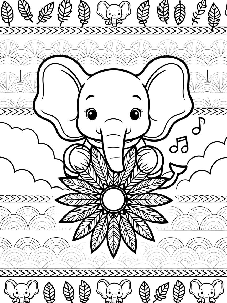 Zoo & Safari Animals: The page presents a small themed scene built around a baby elephant with big flapping ears, tied together by a feather-ring mandala with plumes fanning outward. The scene is placed centrally within a scene bordered top and bottom by mirrored rows of smaller matching details. Decorative details fill the surrounding space, including rounded puffy cloud shapes, rows of scalloped fan shapes, and bands of braided rope shapes woven throughout the background. A playful extra touch completes the page: a few tiny musical notes drifting near one corner of the page.