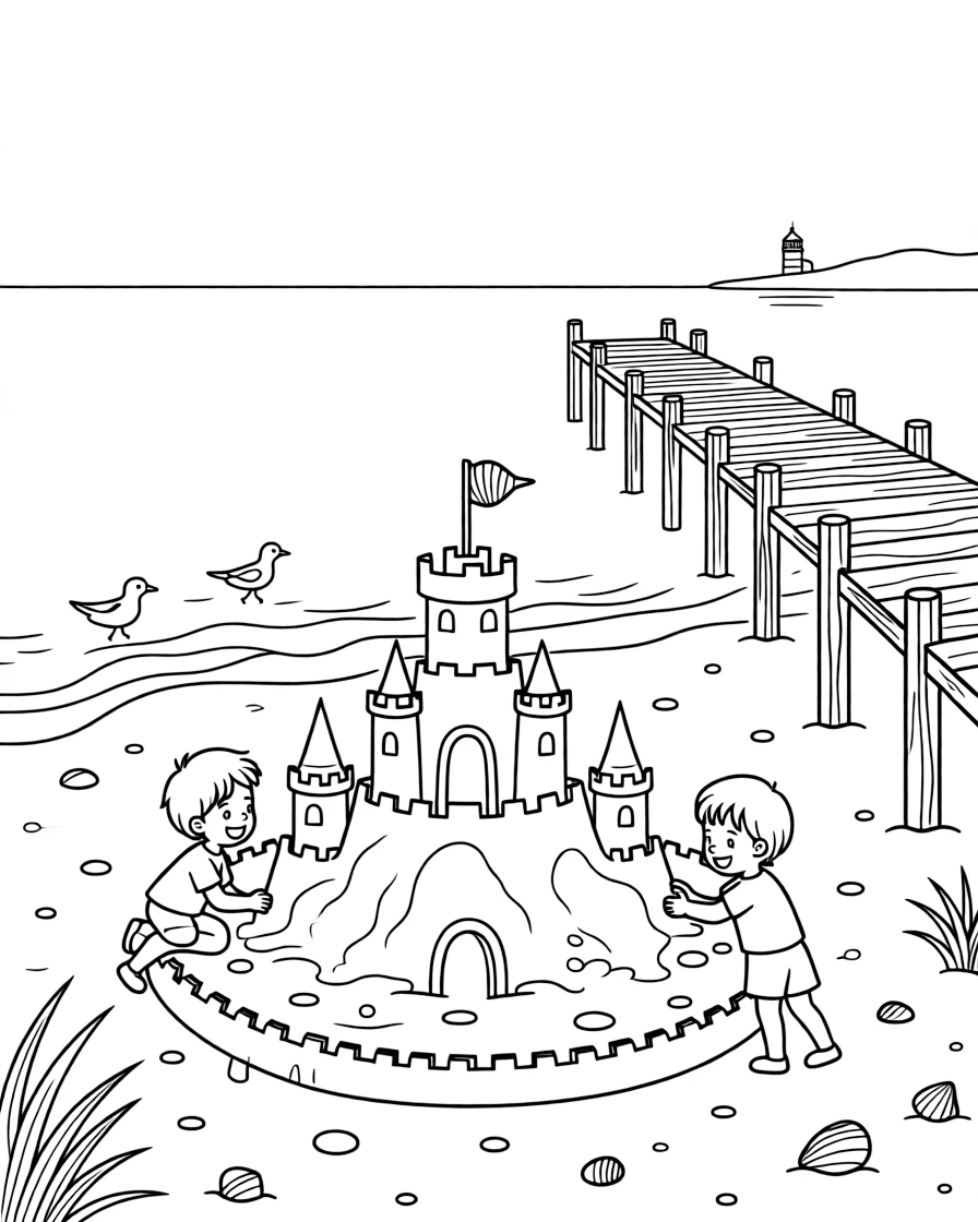 [Sandy Beaches] A group of children build an elaborate sandcastle complete with towers, a moat, and a seashell flag. Sandpipers dash along the shoreline, chasing the retreating waves. A wooden pier stretches out over the water, with a lighthouse visible in the distance. A warm breeze carries the scent of salt water beneath a bright midday sun.