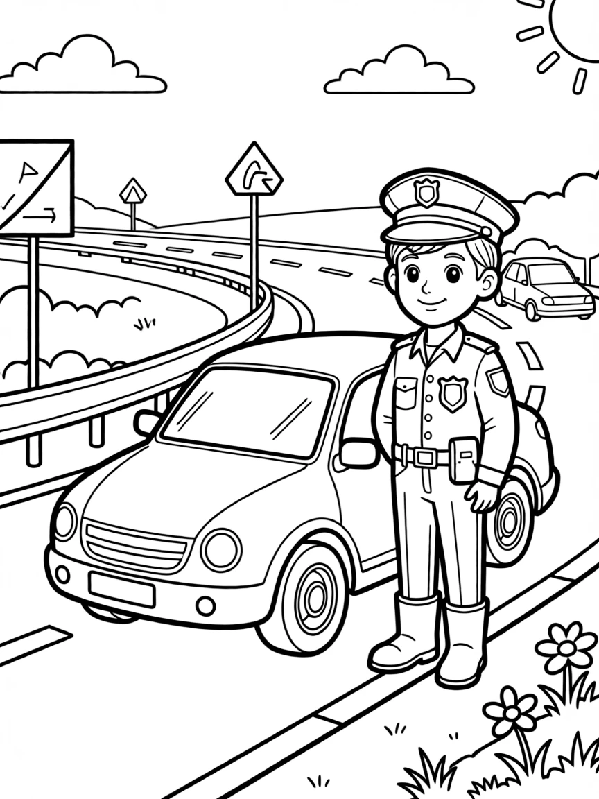 A highway patrol officer stands beside a car on the shoulder of a busy road.