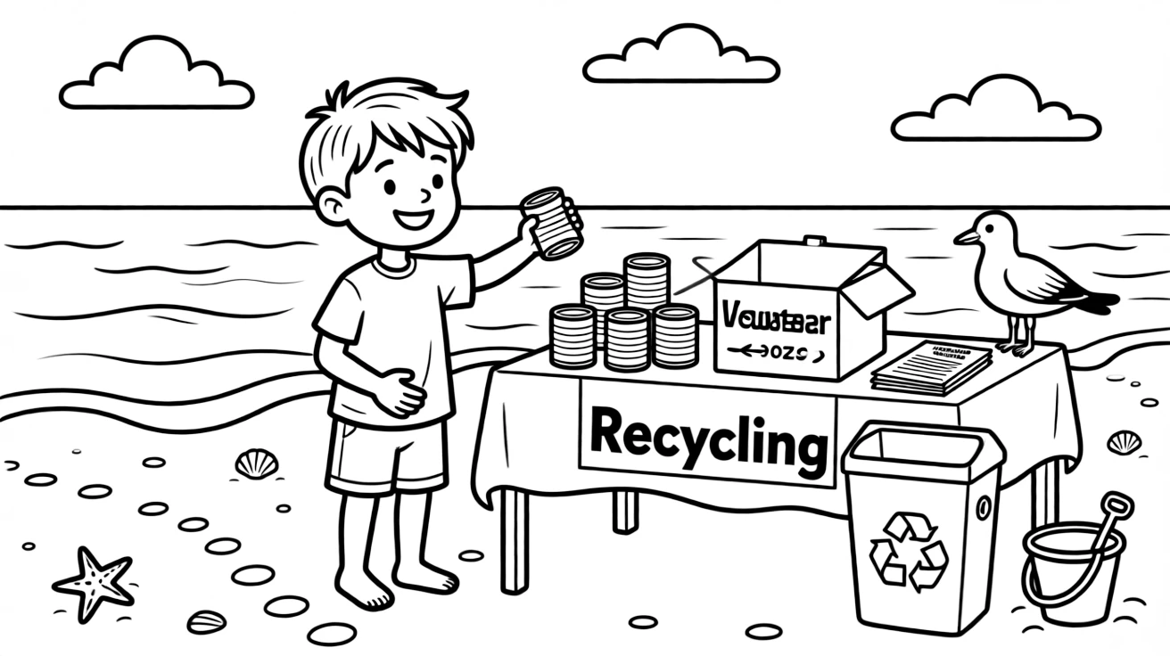 A little brother collecting cans for recycling at a food bank volunteer table as waves gently lap the shore.
