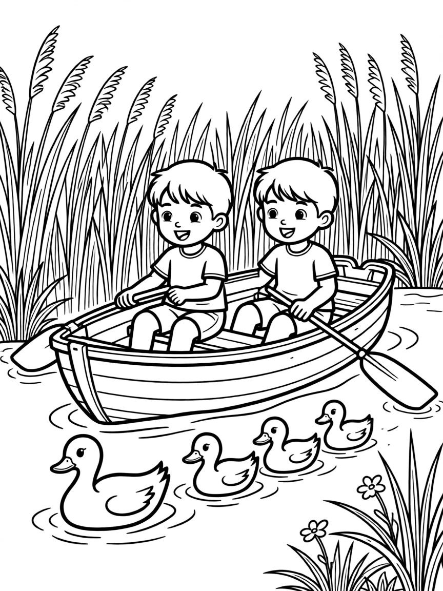 A pair of twin siblings, spotting a family of ducks while paddling past reeds along the shoreline.