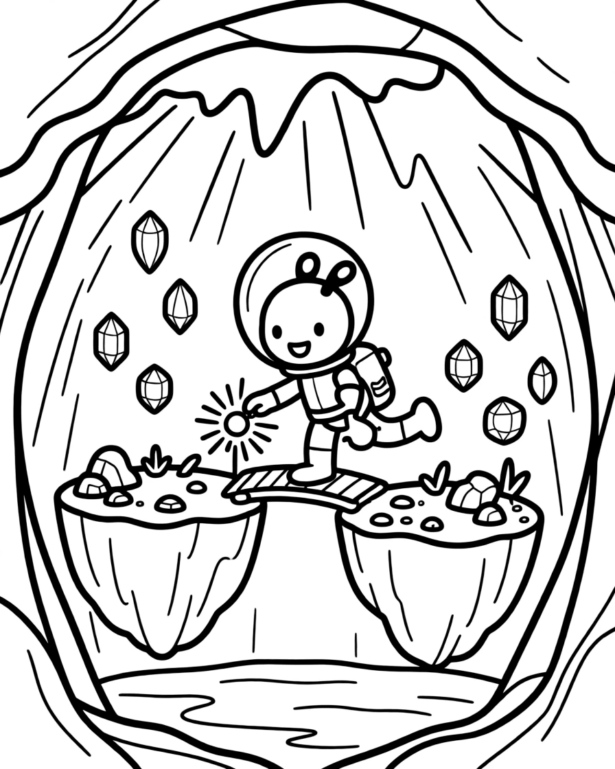In a secret underground base hidden beneath a volcano, Sizzle, a playful alien creature with paddle feet building a bridge of light between two floating islands, while a cluster of floating crystals humming softly adds to the excitement.